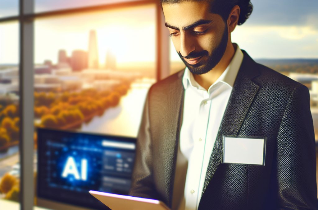 Business leader in a modern office reviewing an AI-driven education strategy on a tablet in Northern Virginia