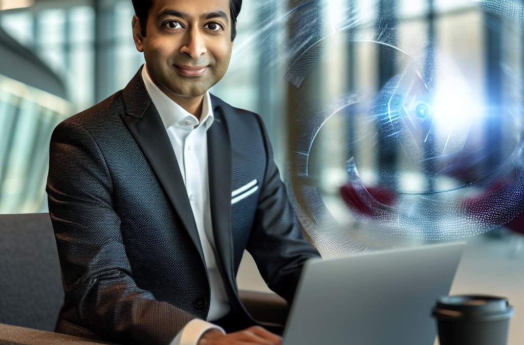 Business leader in a modern Northern Virginia office discussing AI and education innovation